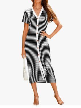 Textured Knit Black & White Striped Button Front Midi Dress | XL